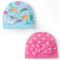 Babyhug 100% Cotton Interlock Knit Printed Caps With Bow Applique Pack of 2 - Pink & Blue-image-49