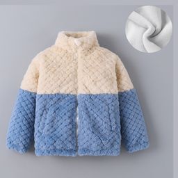 Kookie Kids Full Sleeves High Neck Winter Fur Jacket with Colour Block & Quilted Design - Blue-image-8