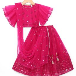 Babyhug Woven Flutter Sleeves Sequin Embroidered Choli Lehenga & Dupatta Set with Tassle Detailing - Fuschia-image-68