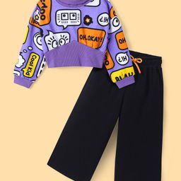 Ollington St. 100% Cotton Knit Full Sleeves Turtle Neck Printed Sweatshirt & Track Pants Winter Wear Set - Purple & Black-image-62