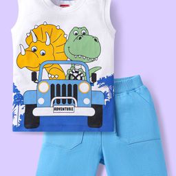 Babyhug Single Jersey Knit Sleeveless Tank T-Shirt & Shorts Set With Dino Print - White & Blue-image-89