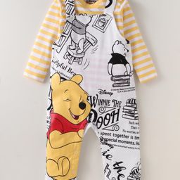 Babyhug Disney Single Jersey Knit Dungaree & Full Sleeves Striped T-Shirt With Winnie The Pooh Graphics - White & Yellow-image-27