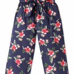 CrayonFlakes Cotton Floral Printed Palazzo With Attached Belt - Navy Blue-image-20
