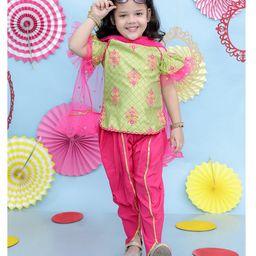 KID1 Silk ColdShoulder Floral Motif Printed Kurta With Gota Lace Embellished Dhoti Dupatta Set - Green & Pink-image-4