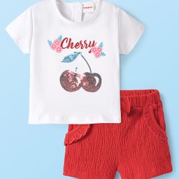 Babyhug Single Jersey Knit Half Sleeves Cherry Print T-Shirt & Shorts Set with Bow Applique & Sequin Detailing - Red & White-image-8