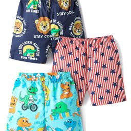 Babyhug Cotton Woven Above Knee Length Boxers with Animal Print Pack of 3 - Blue Red & Aqua Blue-image-90