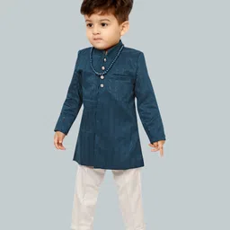 little desi Viscose Rayon Full Sleeves Foil Striped & Sequins Embellished Kurta Pyjama With Necklace Set - Peacock-picture-11