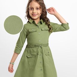 Hola Bonita Cotton Woven Three Fourth Sleeves Shirt Dress with Waist Belt - Olive Green-picture-24
