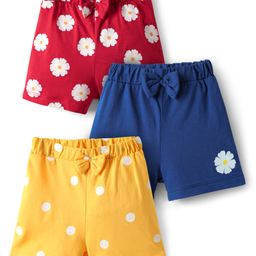 Babyhug Cotton Single Jersey Knit Shorts With Floral & Polka Dot Print Pack Of 3 - Yellow Red & Navy Blue-image-30