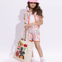 Taffykids Woven Half Sleeves Floral Printed & Lace Embellished Shirt & Coordinating Shorts With Crop Top Set - Orange & Multi Colour-image-13