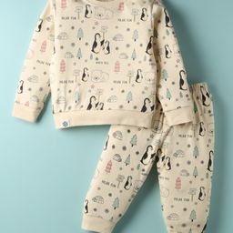 CUCUMBER Interlock Knit Full Sleeves Co-ords Night Suit with North Pole Theme - Cream-picture-9
