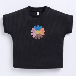 giniekids Knit Half Sleeves Sequins Embellished Floral Designed Top - Black-image-62
