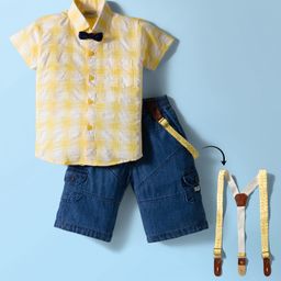 Dapper Dudes Half Sleeves Checked Shirt Shorts With Bow & Suspender Set - Yellow-picture-6