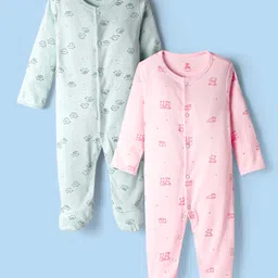 I Bears Interlock Knit Full Sleeves Footed Sleep Suits with Animal Print Pack of 2 - Pink & Sea Green-picture-30
