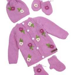 The Original Knit Knit Full Sleeves Floral Designed Sweater With Coordinating Cap Mittens & Socks Set - Mauve-picture-36