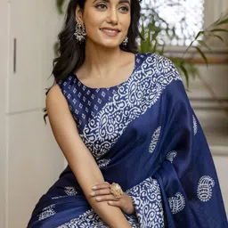 KALINI Navy Blue Cotton Blend Printed Sarees-image-33