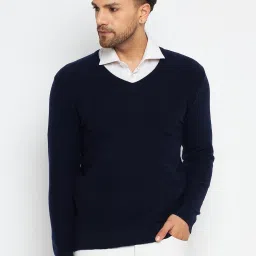 Men Self Design V Neck Blue Sweater-image-31