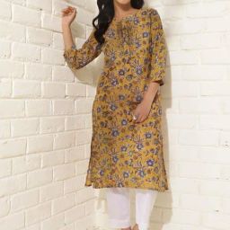Fabindia Mustard Cotton Hand Block Printed Long Kurta-15