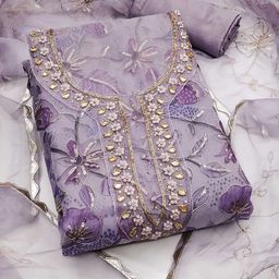SAINOOR Floral; Embellished Organza Semi-Stitched Dress Material-picture-6