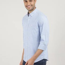 Dragon Hill Sky Blue Cotton Slim Fit Check Shirt-image-71