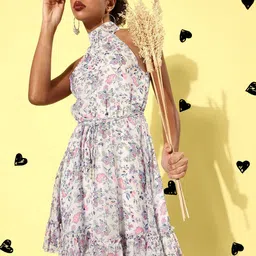 QUIERO Floral Halter Neck Georgette Dress-image-94
