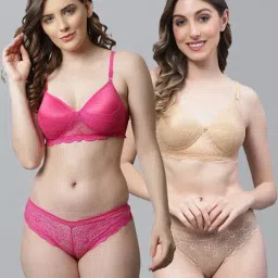 AROUSY Pink & Beige Cotton Self Pattern Bra Panty Set - Pack Of 2-image-67