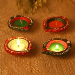 Aapno Rajasthan Multicolor Terracotta Handcrafted Wax Filled Big Diya - Set of 4-image-12