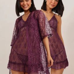 Clovia Purple Chic Basic Self-Patterned Babydoll With G-String And Chic Basic Sheer Robe- Lace-image-1