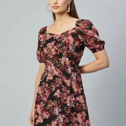 Carlton London Black Floral Print A Line Dress-image-84