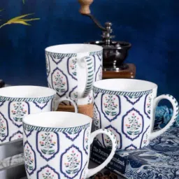 Goodhomes White & Blue Bone China Coffee Mug (0.32 L) - Set of 4-25