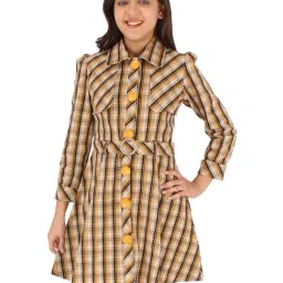 Cutecumber Kids Mustard Checks Full Sleeves Shirt Dress with Belt-image-16