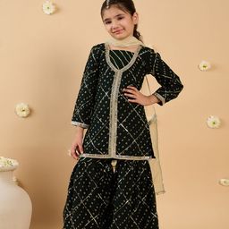pspeaches Girls Bandhani Embroidered Angrakha Sequinned Kurta with Sharara & With Dupatta-picture-21