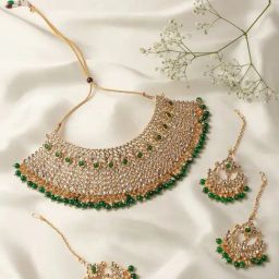 Zaveri Pearls Green Stones & Beads Bridal Kundan Choker Necklace Earring & Maangtikka Set-ZPFK10138-image-43