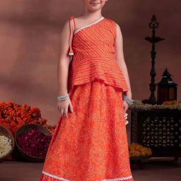 Libas Kids Girls Orange Cotton Striped Lehenga Choli-image-55