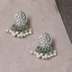 OOMPH Oxidized Silver Small Ethnic Leaf Design Green Red Stones Drop Earrings-21