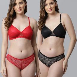 AROUSY Red & Black Cotton Self Pattern Bra Panty Set - Pack Of 2-picture-17