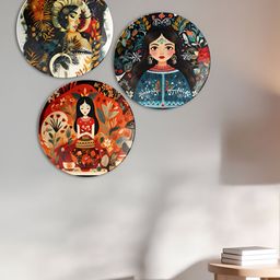 THE QUIRKY HOME Set Of 3 Red & Blue Printed Ceramic Wall Plates-11