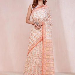 Fabindia White Floral Print Saree Without Blouse-image-20
