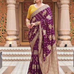 Satrani Wine Woven Saree With Unstitched Blouse-image-6