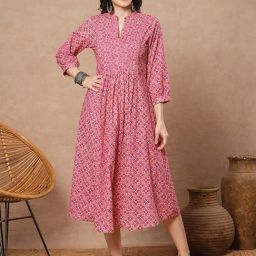 Fashor Pink Cotton Printed Three-Quarter Sleeves Kurta-picture-44