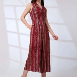 Globus Women Maroon Lapel Collar Floral Printed Waist Tie-Ups Fusion Jumpsuit-picture-6