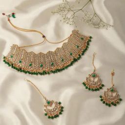Zaveri Pearls Green Stones & Beads Bridal Kundan Choker Necklace Earring & Maangtikka Set-ZPFK10139-image-56
