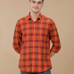 CAVALLO by Linen Club Red Linen Blend Slim fit Checks casual shirts-image-53