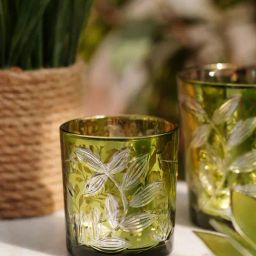 Pure Home and Living Green Glass Leaf Pattern Votive - Set of 2-image-80