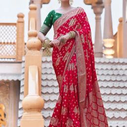 Satrani Red Woven Saree With Unstitched Blouse-image-25