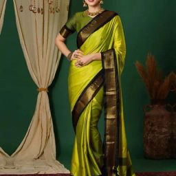 Satrani Lime Green & Black Silk Woven Saree With Unstitched Blouse-image-61