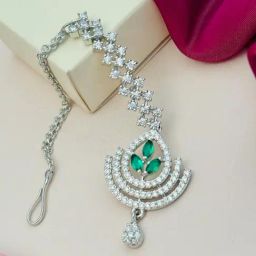 Abdesigns Silver American Diamond Studded Maang Tikka Headpiece-45