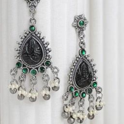 Moedbuille Black Agate and Pearls Oxidised Silver Plated Handcrafted Antique Earrings-20