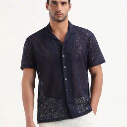 Showoff Navy Blue Cotton Relaxed Fit Self Pattern Shirt-image-68