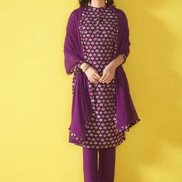 Anouk Violet Ethnic Motifs Printed Mandarin Collar Straight Kurta With Trouser &Dupatta-picture-0